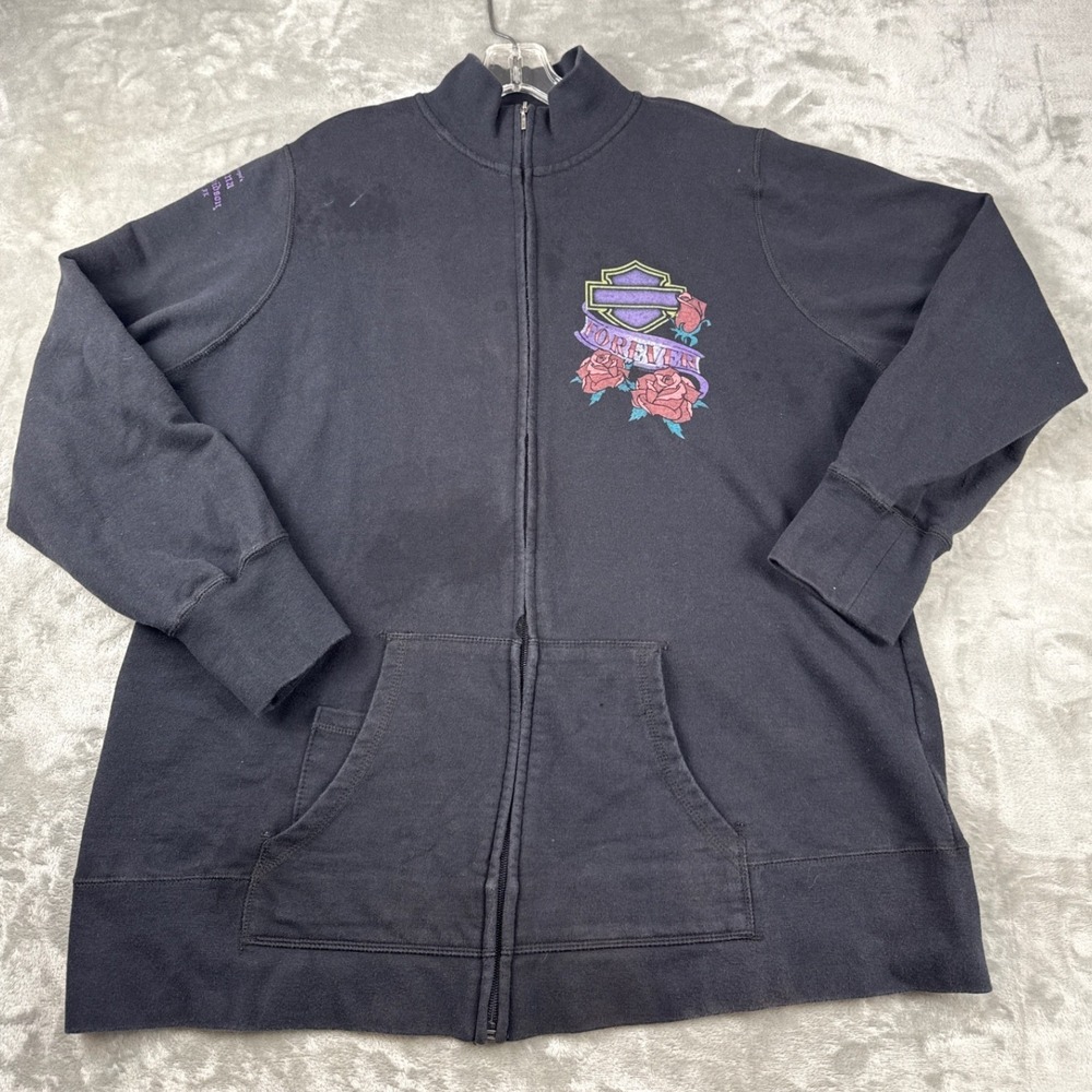 Harley Davidson‎ Womens 2X Black Full Zip Graphic Sweatshirt Eagle Roses Biker